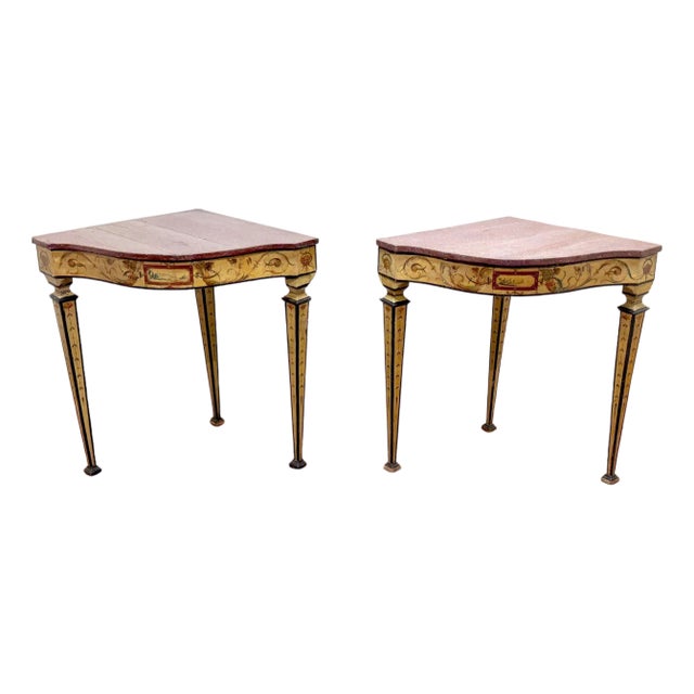 Pair 18th-Century Neapolitan Painted Corner Console Tables, Faux Porphyry Tops For Sale
