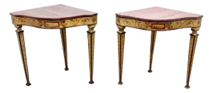 Pair 18th-Century Neapolitan Painted Corner Console Tables, Faux Porphyry Tops