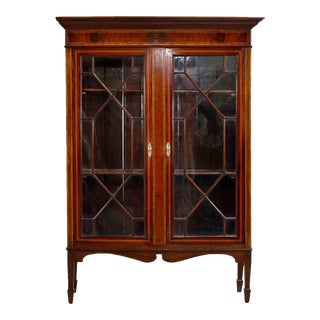 Vintage Traditional Inlay Mahogany Glazed Bookcase or 2-Door Curio For Sale