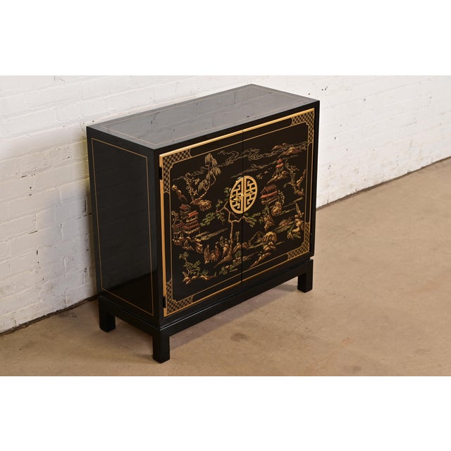 Drexel Heritage Drexel Heritage Hollywood Regency Chinoiserie Hand-Painted Black Lacquered Bar Cabinet For Sale - Image 4 of 12