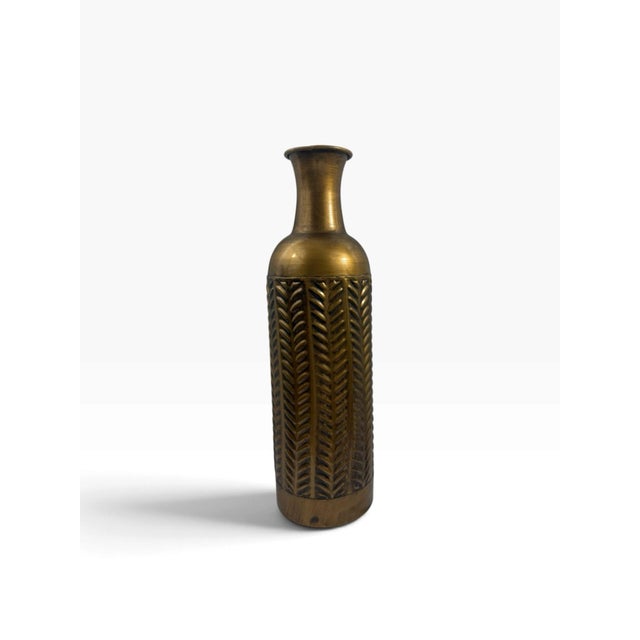 Tall Brass Bottle Vase — Antiqued Repoussé Feather Columns A striking, sculptural brass vase standing approximately 16...