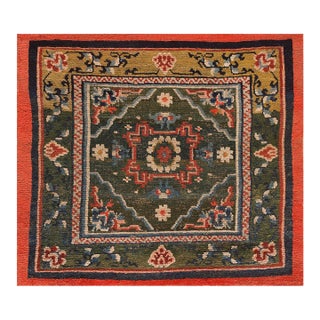 1920s Green Medallion Antique Tibetan Mat Rug 2'5" X 2'9" Handknotted Wool Carpet For Sale