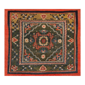 1920s Green Medallion Antique Tibetan Mat Rug 2'5" X 2'9" Handknotted Wool Carpet