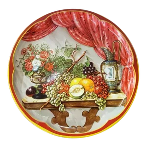 Vintage Daher Ware Large Round Floral & Grapes Motif Tin Tray, Made in England