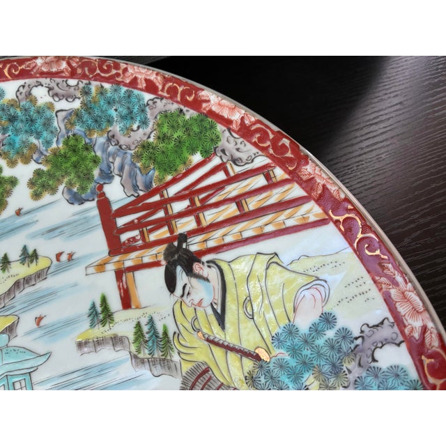Ceramic Antique Meiji Era Japanese Kutani Porcelain Platter Samurai For Sale - Image 7 of 10