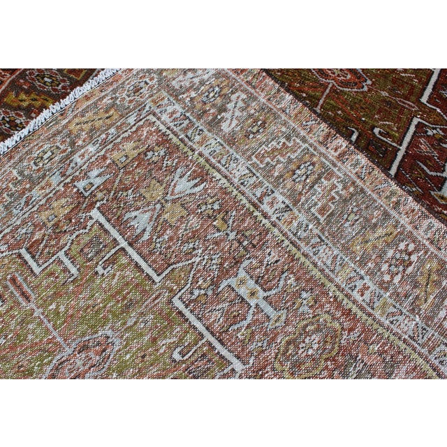 Textile Olive Green, Yellow Green, Rust Red Antique Persian Karadjeh Rug Geometric Design For Sale - Image 7 of 8