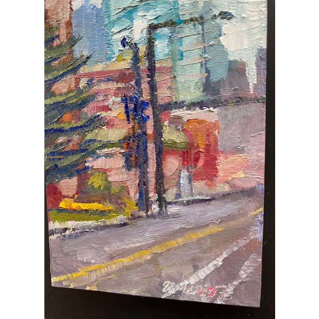 Early 21st Century Snowy City Atmosphere by Delton Demarest | Oil on panel Cityscape with snow and buildings. For Sale - Image 5 of 5