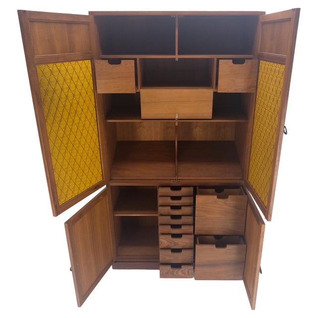 Solid Teak Multiple Fitted Drawers Amber Textured Glass Doors Cabinet Credenza For Sale - Image 9 of 16