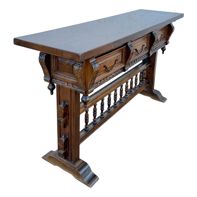 Valenti Spanish Carved Wood Console Table with Drawers and Turned Spindles, 1950 For Sale