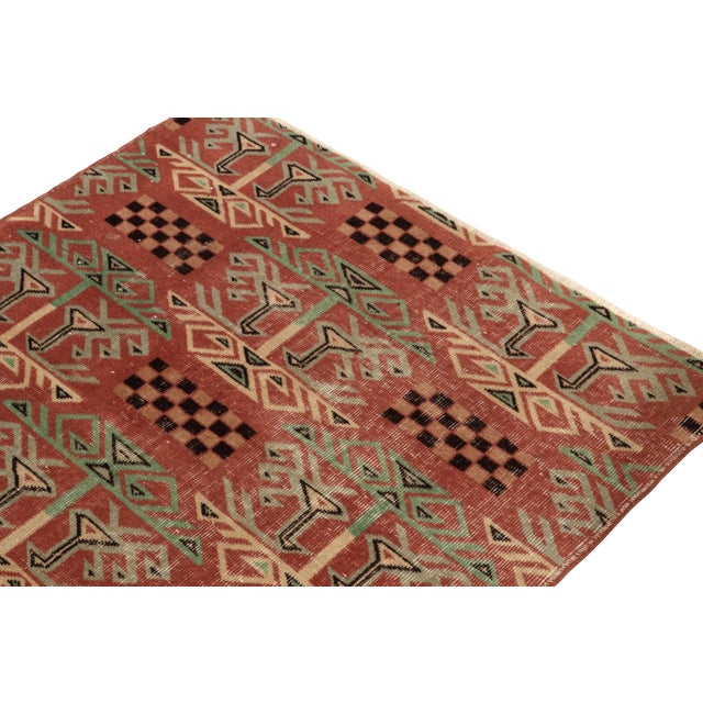 Rug & Kilim 1960s Vintage Distressed Rug in Red, Green, Art Deco Pattern by Rug & Kilim For Sale - Image 4 of 6