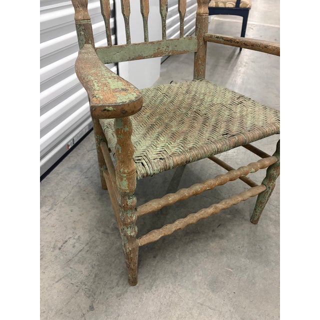 Vintage American Primitive Distressed Green Spindle-Back Rush-Seat Armchair For Sale - Image 4 of 7