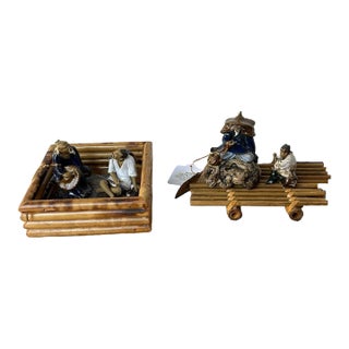 1970s Collection of Asian Ceramic Figures and Wooden Stands For Sale