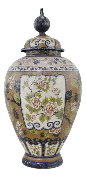 Large Vintage Tole Chinese Lidded Ginger Jar – Hand-Painted Floral Design