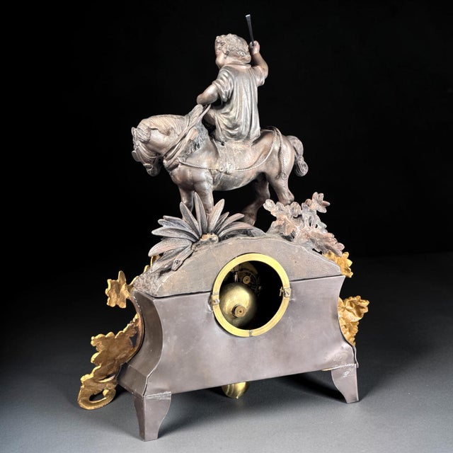 French Gilt-Bronze and Patinated Bronze Figural Mantel Clock with Equestrian Boy from Les Japy Fils, 1850s For Sale - Image 5 of 18