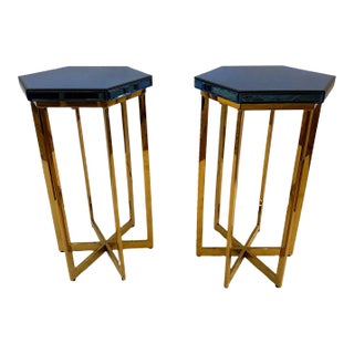 Hollywood Regency Brass & Beveled Blue Mirrored End Tables -A Pair For Sale