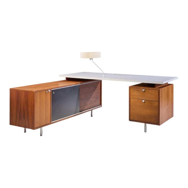 George Nelson for Herman Miller 9000 Series Mid Century Walnut and White Fomica Executive Corner Desk With Return and Built in Lamp For Sale