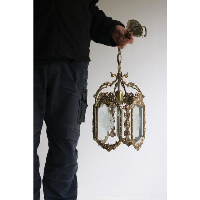 French Louis XVI Style Brass and Etched Glass Lantern, 1950s For Sale - Image 11 of 12