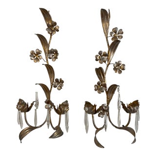 Mid Twentieth Century Gold Gilded Italian Toleware Metal Candle Sconces, a Pair For Sale