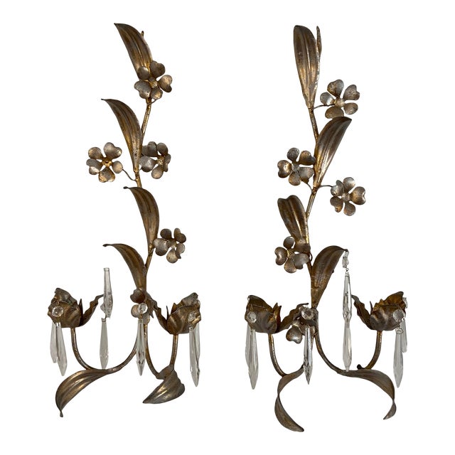 Mid Twentieth Century Gold Gilded Italian Toleware Metal Candle Sconces, a Pair For Sale
