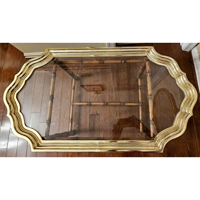 Mid-Century Hollywood Regency Oak Faux Bamboo Cast Brass and Glass Tray Coffee Table For Sale - Image 4 of 10