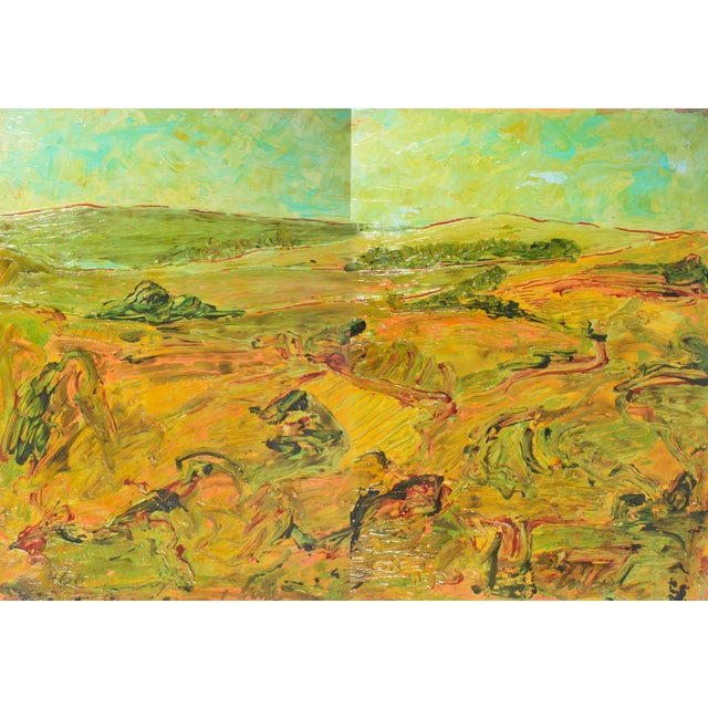 A 1980s signed abstract acrylic landscape diptych, titled "GA", by the American artist, Harry Hilson (1935-2004). Each...