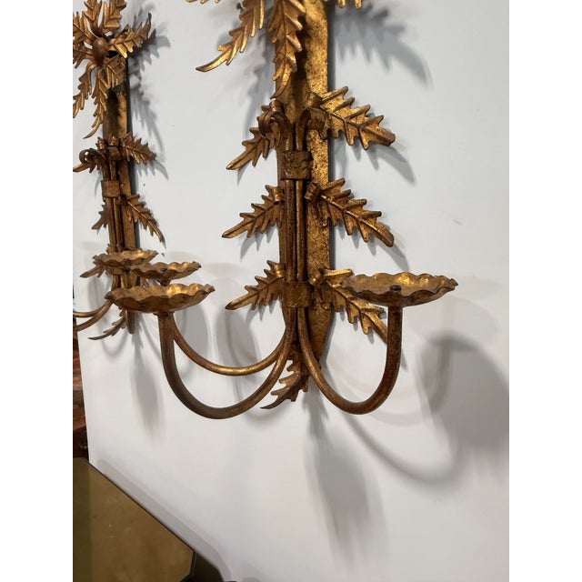 Gold Pair, Mid Century Italian Gilt Metal Leaf Starburst Three Arm Candle Sconces For Sale - Image 8 of 9