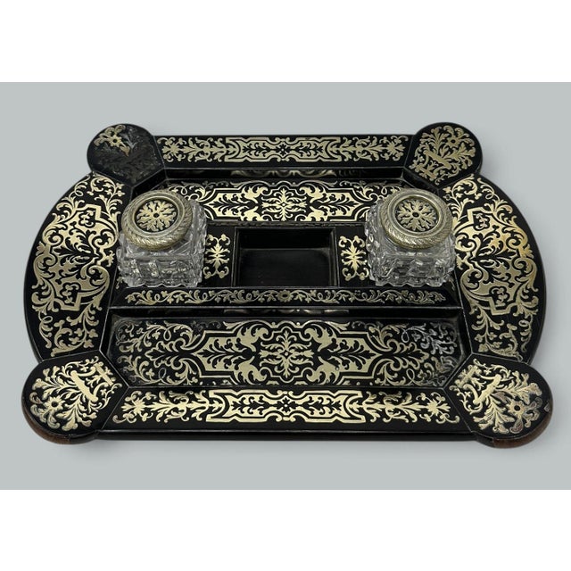 Antique Grand Tour Mahogany Boulle Work Brass Inlaid Desk Set Inkstand Regency For Sale - Image 6 of 10