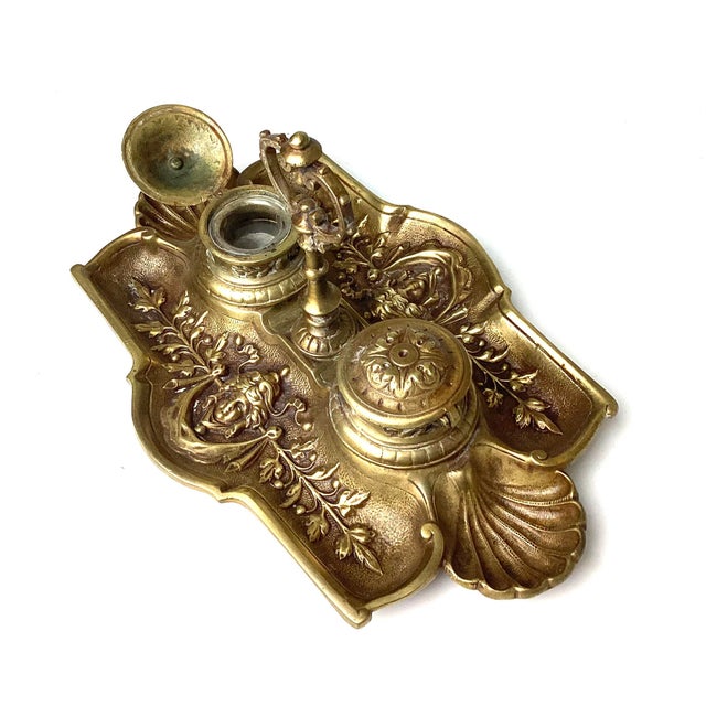 Antique Late 19th Century Victorian Brass Double Inkwell With Pen