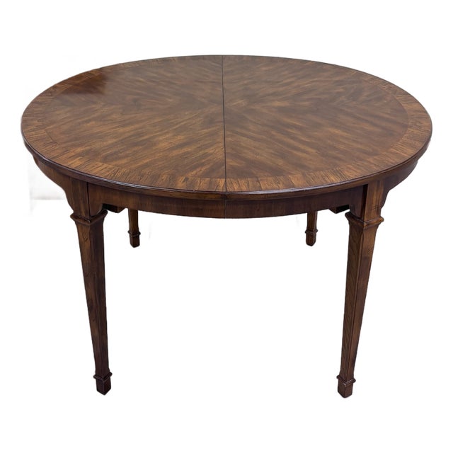Vintage Drexel Passage Mahogany Sunburst Veneer Round Extension Dining Table For Sale