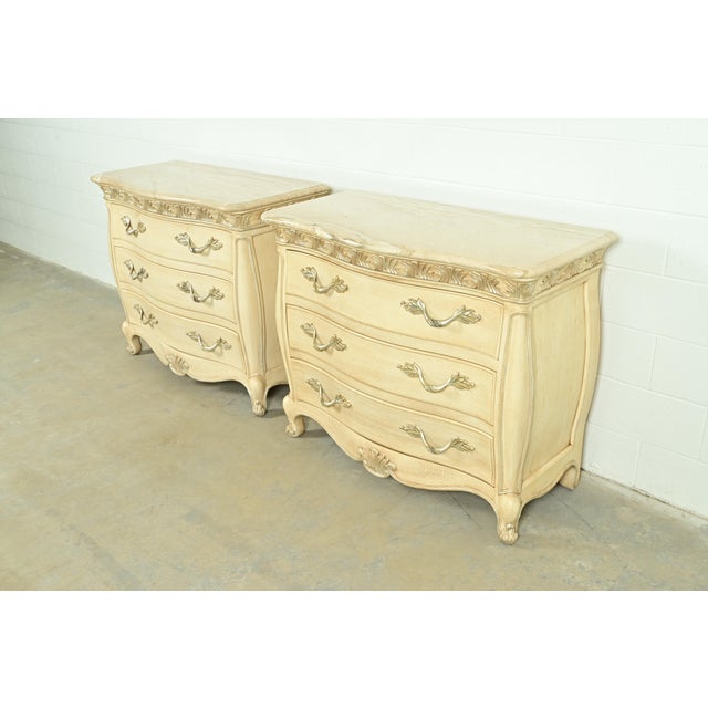 Henredon Henredon French Rococo Louis XV Carved Oak and Silver Gilt Marble Top Commodes or Chests of Drawers, Pair For Sale - Image 4 of 16