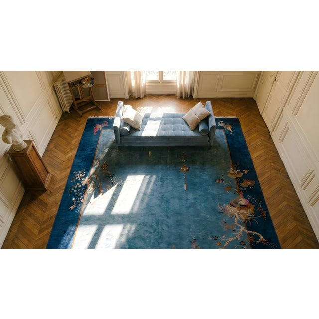 1920s Cornflowers Blue Minimalist Floral Antique Chinese Art Deco Carpet 8' X 9'9" Knotted Wool Rug For Sale - Image 17 of 18