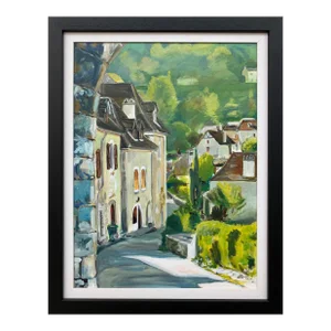 Painting of Medieval French Village Saint Cirq Lapopie by Modern British Artist, 2012