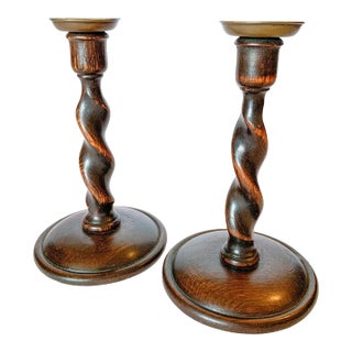 Antique English Oak Barley Twist Candlesticks With Brass Drip Cups - a Pair For Sale