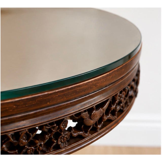 Brown Vintage Chinese Hand-Carved Round Pedestal Dining Table With Beveled Glass Top For Sale - Image 8 of 10