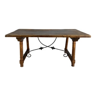 Antique Spanish Walnut Trestle Dining Breakfast Table or Desk With Iron Stretchers For Sale