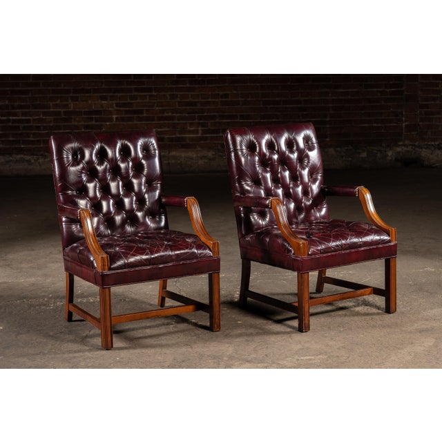 Traditional Late 20th Century Pair of Tufted Leather Square-Back Dining Chairs in Oxblood For Sale - Image 3 of 17