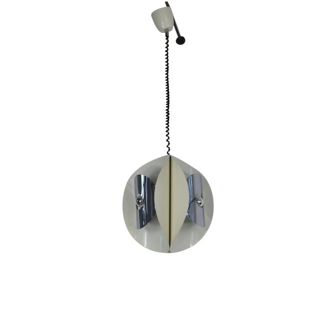 Italian Space Age Hanging Lamp with White Painted, Metal & Chrome Shields, 1970s For Sale