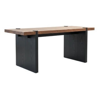 "The Shadowline" Custom Dining Table Set: Walnut & Ebonized Ash Table With 8 Leather Chairs For Sale