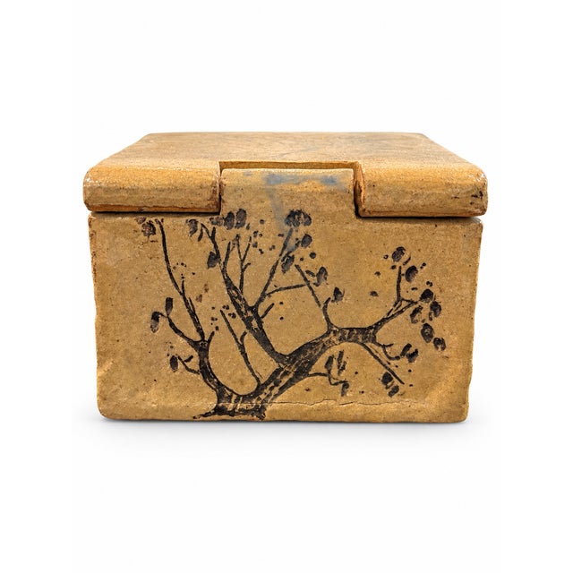 Description: A one-of-a-kind studio pottery box with a removable, unattached lid. Its substantial ceramic form features...
