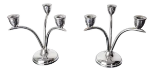 Art Deco Stainless Steel 3-Flame Candlesticks, Spain, 1970, Set of 2