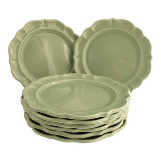 Set of 8 Varages France Large Celadon Green Dinner / Chop / Charger Plates 12" For Sale