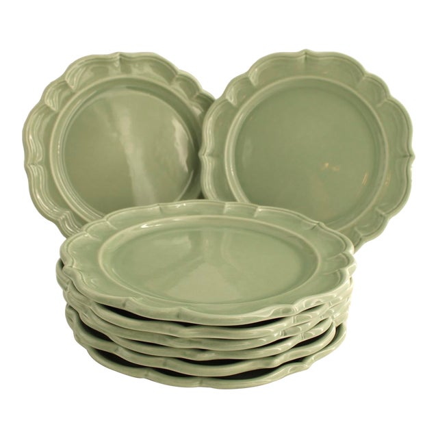 Set of 8 Varages France Large Celadon Green Dinner / Chop / Charger Plates 12" For Sale