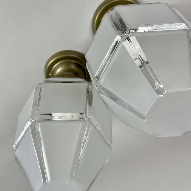 Art Deco Frosted Glass and Burnished Brass Flush Mounts, Austria, 1920s, Set of 2 For Sale - Image 13 of 16