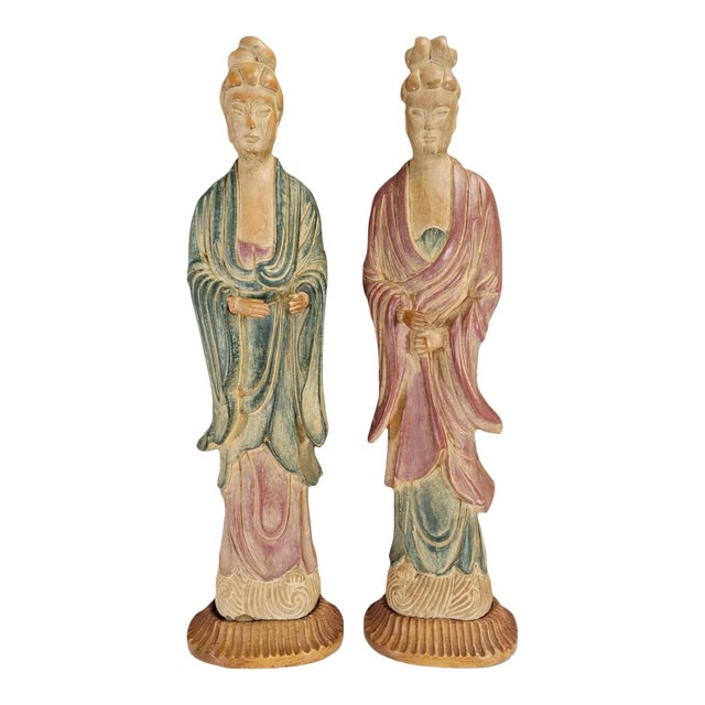 Pair of Mid-Century Chinese Hand-Carved Wooden Guanyin Figures – Painted Polychrome Finish, 23″ For Sale