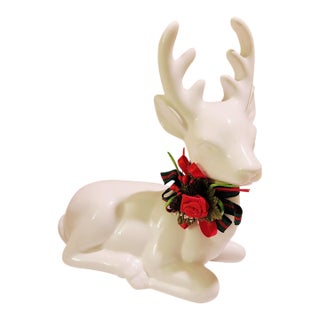 Vintage White Ceramic Deer Figurine, Christmas Around the World, Made in Taiwan For Sale