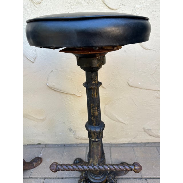 Early 1900s Antique Heavy Cast Iron Bar Stools Barley Twist- A Pair For Sale - Image 12 of 14