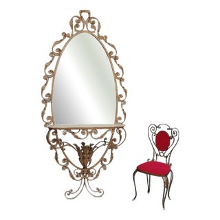 Wrought Iron Hallway Mirror with Marble and Chair with Floral Motif attributed to Pier Luigi Colli, 1960s, Set of 2 For Sale