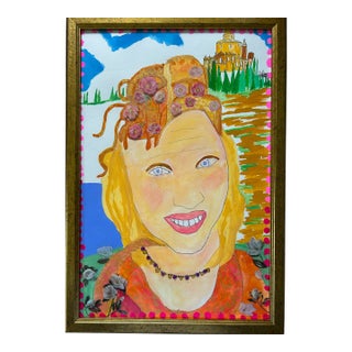 watercolor with Applique framed. Renaissance Maiden For Sale
