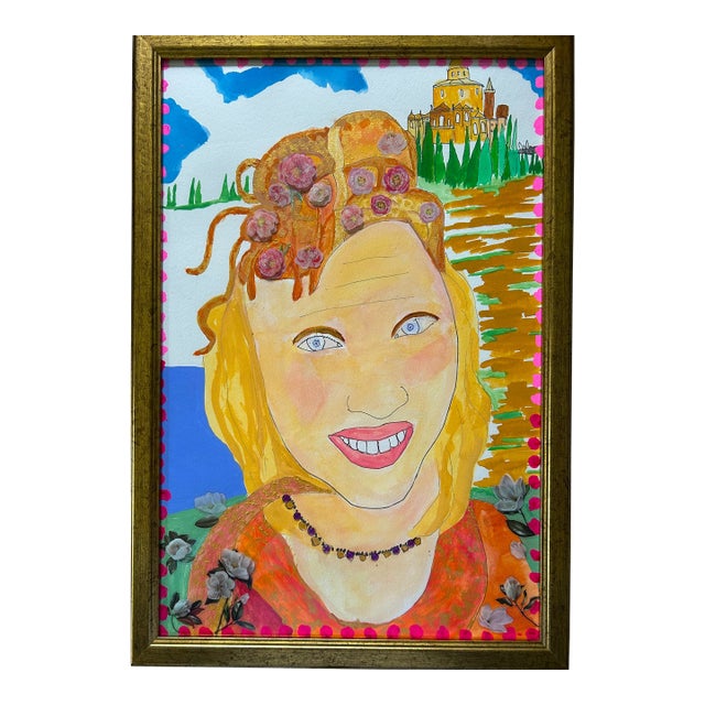 watercolor with Applique framed. Renaissance Maiden For Sale
