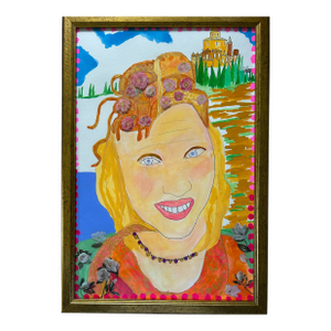 watercolor with Applique framed. Renaissance Maiden